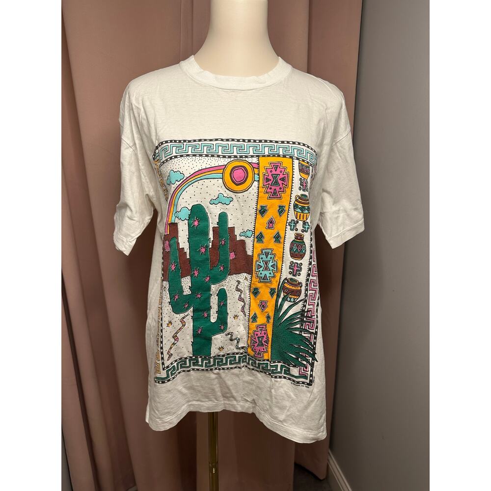Vintage 1989 WinWear Southwestern Cactus Tribal Vibrant Design T Shirt READ